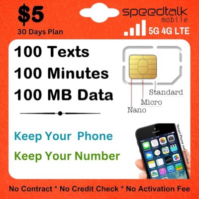 SpeedTalk Mobile SIM Card Kit for Smart Phones & Cellphones | $5 Monthly Plan – 5G 4G LTE Data | 3-in-1 Standard Micro Nano Size | 30 Days USA Coverage Subscription Required, No…