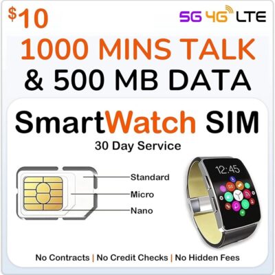 SpeedTalk Mobile Smart Watch SIM Card, 1000 Minutes Talk & 500MB Data for 4G LTE GSM Smartwatches | 3 in 1 Simcard | 30 Days Service | USA Canada Mexico Roaming