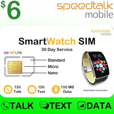 SpeedTalk Mobile Smart Watch SIM Card 150 Talk, 150 Text, 150 MB Data 5G 4G LTE GSM Smartwatches and Wearables – 30 Days Wireless Service