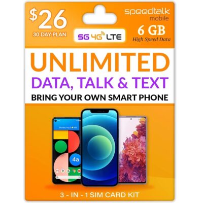 SpeedTalk Mobile Unlimited Talk (Call) & Text (SMS) + 6GB 5G 4G LTE Data – GSM SIM Card – 30 Days Nationwide Service