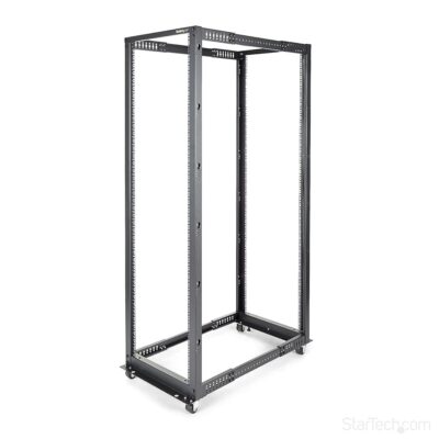 StarTech.com 4-Post 42U Mobile Open Frame Server Rack, 19in Network Rack with Wheels, Rolling Rack for Computer/AV/Data/IT Equipment – Casters, Leveling Feet or Floor Mounting…