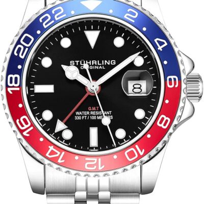 Stuhrling Original Men’s Stainless Steel Jubilee Bracelet GMT Watch Quartz, Dual Time, Quickset Date with Screw Down Crown, Water Resistant up to 10 ATM