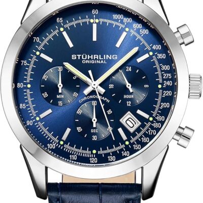 Stuhrling Original Mens Watches Chronograph Analog Blue Watch Dial with Date – Tachymeter 24-Hour Subdial Mens Blue Leather Strap – Watches for Men Rialto Collection