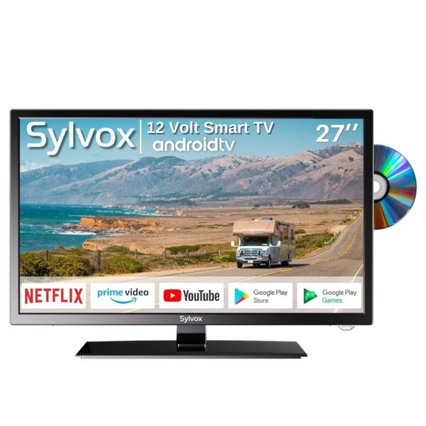 SYLVOX 27-inch RV TV, 12 Volt TV Built-in APP Store and DVD Player, Smart TV Support WiFi Bluetooth, AC/DC Powered, Android System 12V TV for Camper RV or Trailer