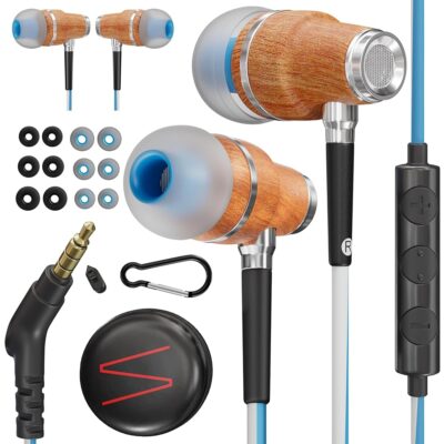 Symphonized NRG 3.0 Wired Earbuds with Microphone, Wooden Phone & Laptop Headphones, 90% Noise Cancelling Corded Earphones with 3.5mm Jack (Blue)