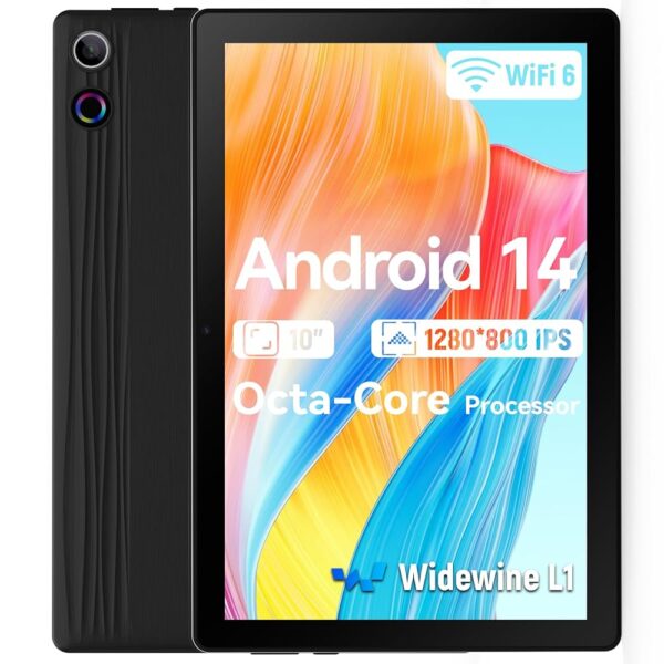 Tablet, 10 inch Tablet Android 14 with Octa-Core Processor Tablet PC, USB OTG and Face Recognition, 10GB+64GB(TF 1TB), WideVine L1, WiFi6, BT 5.3, 5000mAh, Aura Spiritual, Black