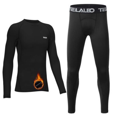 TELALEO Boys’ Girls’ Long Sleeve Compression Shirts Thermal Fleece Lined Kids Athletic Sports Tops Leggings Baselayer Set