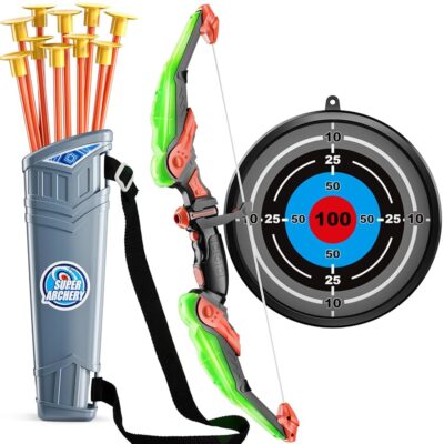 TEMI Kids Bow and Arrow Set – LED Light Up Archery Toy Set with 10 Suction Cup Arrows, Target & Quiver, Indoor and Outdoor Toys for Children Boys Girls