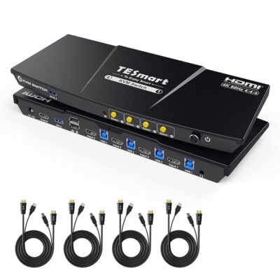 TESmart USB 3.0 HDMI KVM Switch 1 Monitor 4 Computers 4K@60Hz, Headset, Audio&Microphone, KVM Switch 4 Port EDID Emulators, L/R Audio, Hotkey Switch, Button Switch with Remote…