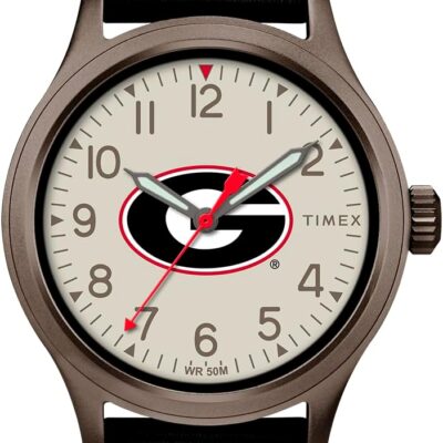 Timex Men’s Collegiate Clutch 40mm Watch – Alabama Crimson Tide with Black Fabric & Brown Leather Strap