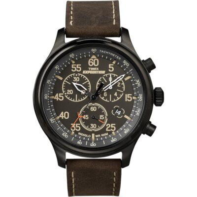 Timex Men’s Expedition Field Chrono 43mm Watch – Brown Strap Black Dial Silver-Tone Case