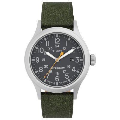 Timex Men’s Expedition Scout 40mm Watch – Silver-Tone Case Black Dial with Green Leather Strap