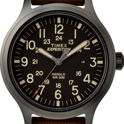 Timex Men’s Expedition Scout 43mm Watch – Black Dial & Case with Brown Leather Strap