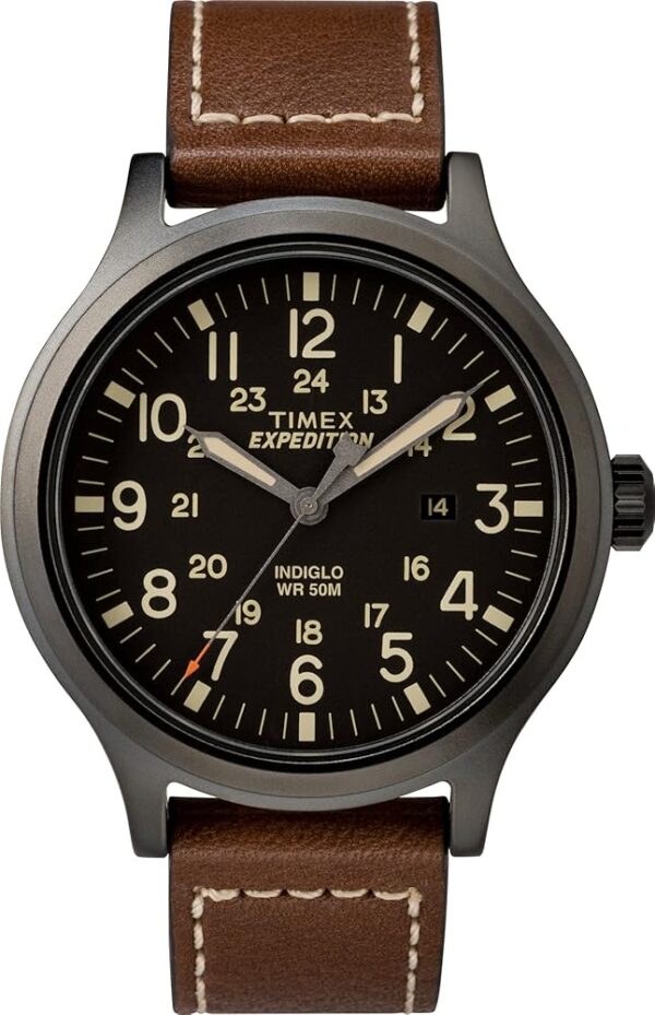 Timex Men's Expedition Scout 43mm Watch – Black Dial & Case with Brown Leather Strap