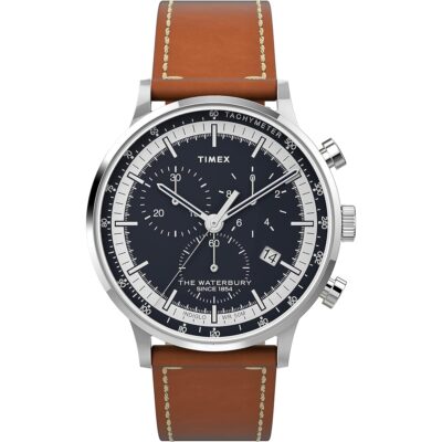 Timex Men’s Waterbury Classic Chrono 40mm Stainless Steel Quartz Dress Watch with Leather Strap