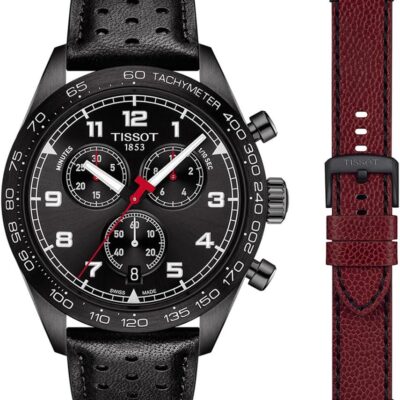 Tissot mens Tissot PRS 516 Chronograph 316L stainless steel case with black PVD coating Quartz Watch Set, Black, Leather, 22 (T1316173605200)