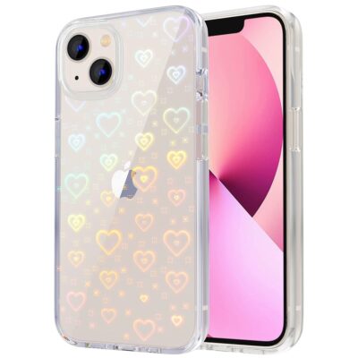 Tksafy Compatible iPhone 13 Case, Clear Cute Glitter Laser Holographic Love Heart Pattern Design for Women Girls, Anti-Yellow Hard PC Shockproof Protective Phone Cover for…