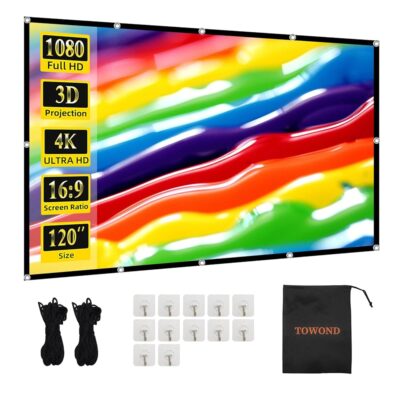 TOWOND Projector Screen 120 inch, Wrinkle-Free and Foldable Projection Screen 16:9 HD 4K Portable Movies Screen for Home Theater Outdoor Indoor Support Double Sided Projection