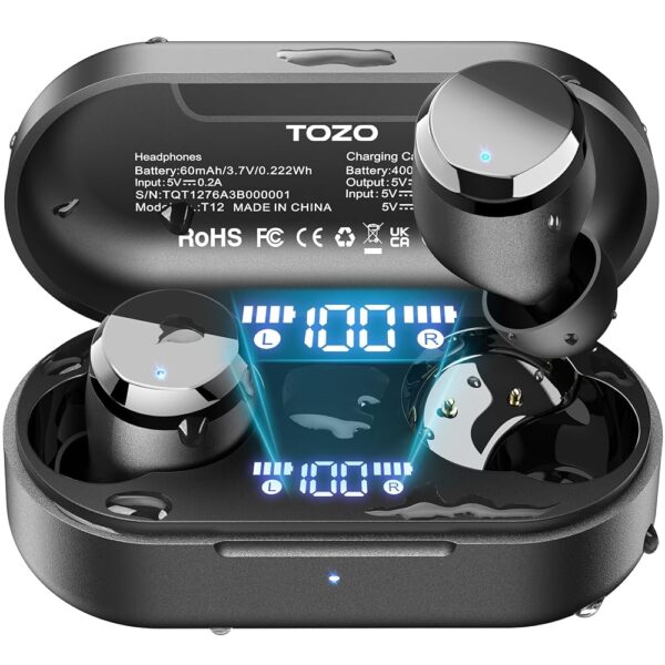 TOZO T12 (Compact Ergonomic Edition) Wireless Earbuds Bluetooth 5.3 Headphones, Call ENC Noise Cancelling Mic, 55Hrs Playtime App Customize EQ IPX8 Waterproof LED Digital...