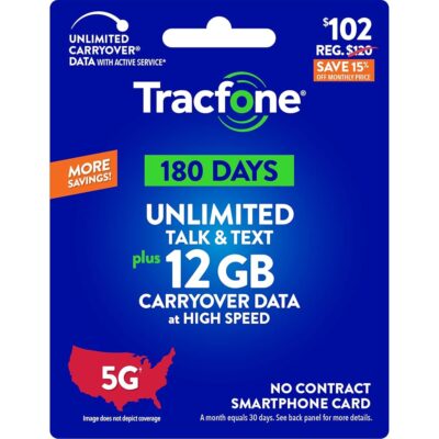 Tracfone $102 Unlimited Talk & Text Plus 12 GB of Data 180-Day Prepaid Plan(Physical Delivery)