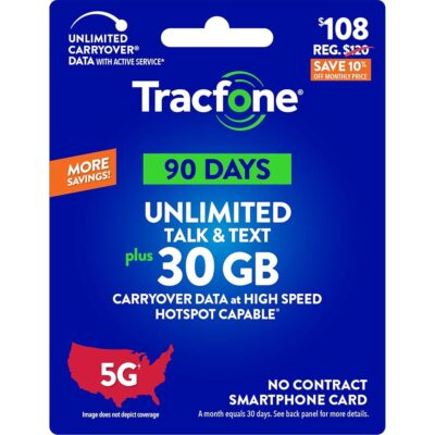 Tracfone $108 Unlimited Talk & Text Plus 30 GB of Data 90-Day Prepaid Plan(Physical Delivery)