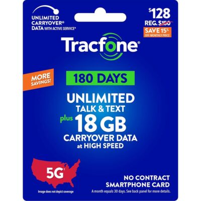 Tracfone $128 Unlimited Talk & Text Plus 18 GB of Data 180-Day Prepaid Plan(Physical Delivery)