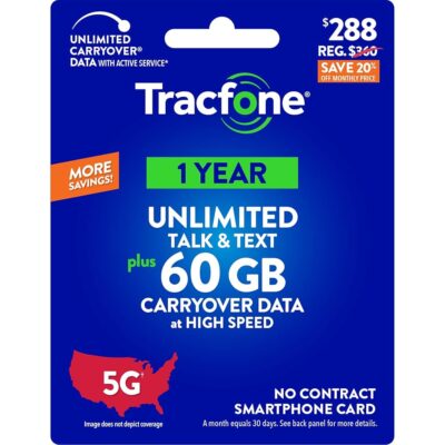 Tracfone $288 Unlimited Talk & Text Plus 60 GB of Data Annual Prepaid Plan(Physical Delivery)