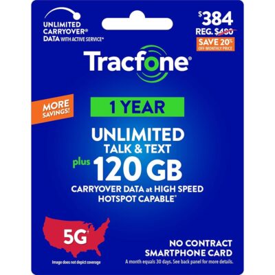 Tracfone $384 Unlimited Talk & Text Plus 120 GB of Data Annual Prepaid Plan(Physical Delivery)