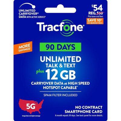 Tracfone $54 Unlimited Talk & Text, 12 GB of Data / 90 Days (Physical Card)