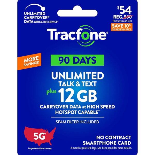 Tracfone $54 Unlimited Talk & Text, 12 GB of Data / 90 Days (Physical Card)