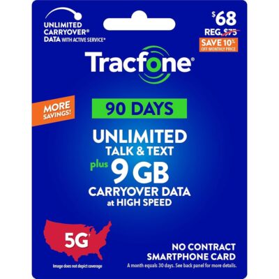 Tracfone $68 Unlimited Talk & Text Plus 9 GB of Data 90-Day Prepaid Plan(Physical Delivery)