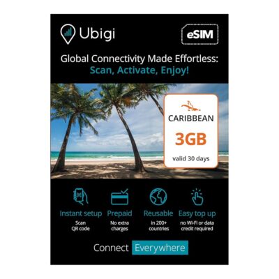 Travel Data Plan Caribbean- Prepaid International eSIM Card 3 GB Internet Data in 5G/4G/LTE (Data tethering Allowed) for Unlocked iPhone and Android. No Extra Charge or Roaming…