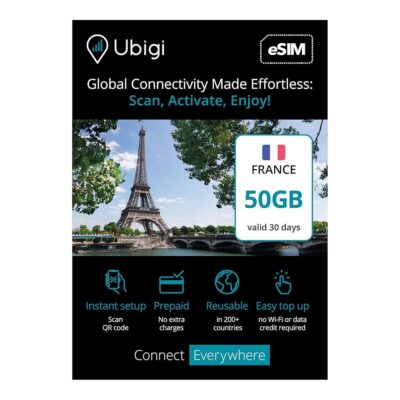 Travel Data Plan France- Prepaid International eSIM Card 50 GB Internet Data in 5G/4G/LTE (Data tethering Allowed) for Unlocked iPhone and Android. No Extra Charge or Roaming…