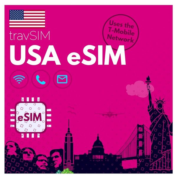 travSIM e SIM Card USA | T-Mobile Network | 50GB Mobile Data at 4G/5G speeds | eSIM USA has Unlimited National Calls & Texts | eSIM Prepaid USA 14 Days