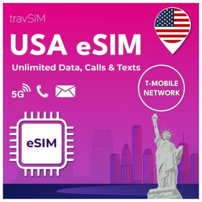 travSIM eSIM USA | T-Mobile Network | Unlimited Data, Calls & Texts in The USA | e SIM Card USA Works on eSIM Compatible iOS & Android Devices | eSIM Card USA 10 Days