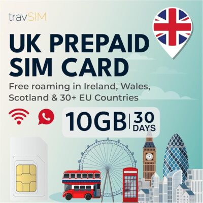 travSIM UK SIM Card |10 GB Data / 4G/5G speeds |Unlimited Calls |Use UK SIM in The UK, Switzerland and More Than 30 EU Countries |Plan on UK SIM is Valid for 30 Days