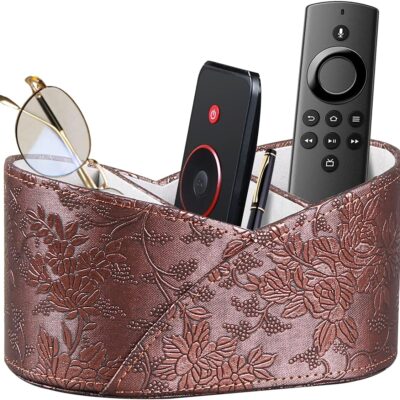 TV Remote Control Holder, 3 Compartments PU Leather Remotes Caddy for DVD, Blu-Ray, Media Player, Heater Controllers, Bedside Table Desk Organizer and Accessories Storage for…