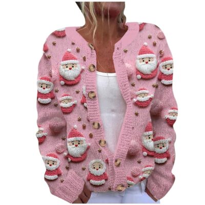 Ugly Christmas Sweater for Women Funny Xmas Open Front Button-Down Sweater Cardigans Fall Winter Knitted Coat