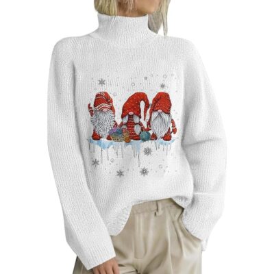 Ugly Christmas Sweater Women Turtleneck Long Sleeve Santa Print Loose Knitted Pullover Merry Christmas Sweater Jumper Tops