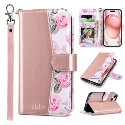 ULAK Compatible with iPhone 15 Wallet Case for Women, Premium PU Leather Floral Flip Cover with Card Holder, Kickstand Feature Protective Purse Case for iPhone 15 2023 6.1 Inch,…