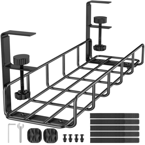 Under Desk Cable Management Tray, 15.7'' No Drill Steel Desk Cable Organizers, Wire Management Tray Cable Management Rack, Desk Cable Tray with Wire Organizer and Desk Cord...