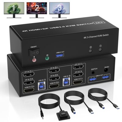 USB 3.0 HDMI + 2 DisplayPort KVM Switch 3 Monitors 2 Computers, 4K@60Hz Triple Monitor KVM Switch for 2 Computers Share 3 Monitors with 3 USB 3.0 Ports and Audio Microphone,…