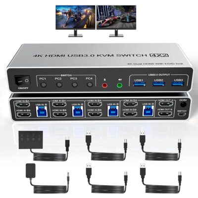 USB 3.0 HDMI KVM Switch Dual Monitors 4 Computers, Supports EDID, 4K@60Hz KVM Switch HDMI 2 Monitor 4 PC with Audio Microphone and 3 USB 3.0 Ports, 4 Port Dual HDMI Monitor…