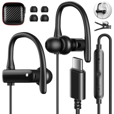 USB C Headphones Over Ear Hooks for iPhone 16 15 Pro Max Plus, Wrap Around Ear Buds with Loops Mic Type C Earphones Running Sport Wired Earbuds for Samsung Galaxy S24 Ultra S23…