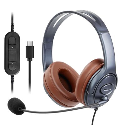 USB-C Over-Ear Noise-Canceling Headphones with Microphone & in-Line Volume Control, Long Cord USB Type C Headset Compatible with Laptops, Mobiles for Teams, Zoom, Webex, Google…