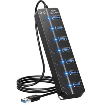 USB Hub 3.0, 7-Port USB Hub Splitter with Individual On/Off Switches and Lights, 3.2ft/1m Long Cable Compatible with MacBook, Laptop, Surface Pro, PS4, PC, Flash Drive, Mobile HDD