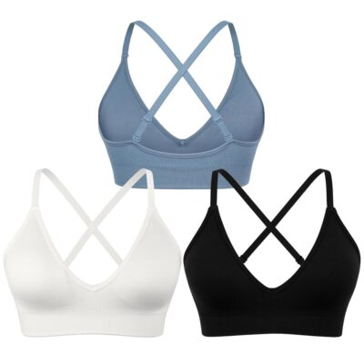 V-Neck Sports Bra for Women Strappy Criss-Cross Back Yoga Bra Medium Impact Seamless Workout Bra Tops S-XL