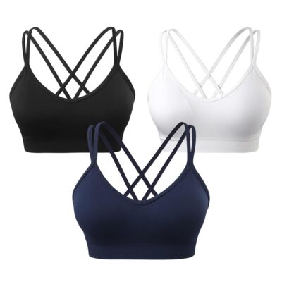 VEQKING Women’s Cross Back Sports Bra Padded Strappy Medium Support Yoga Bra for Workout Fitness 3 Pack