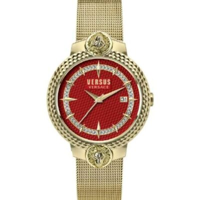 Versus Versace Mouffetard Collection Luxury Womens Watch Timepiece with a Gold Bracelet featuring a Gold Case and Red Dial