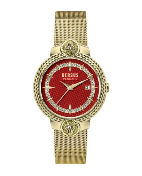 Versus Versace Mouffetard Collection Luxury Womens Watch Timepiece with a Gold Bracelet featuring a Gold Case and Red Dial